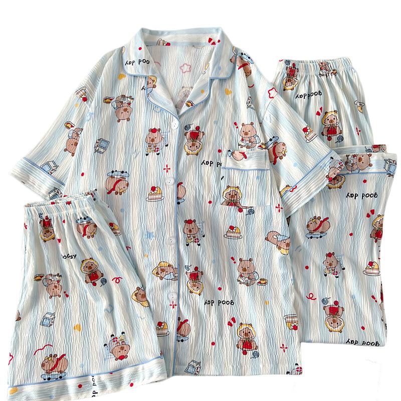 High-Value Kapibara Small Fresh Striped Wrinkled Cloth Pajamas Women'S Short-Sleeved Three-Piece Loungewear