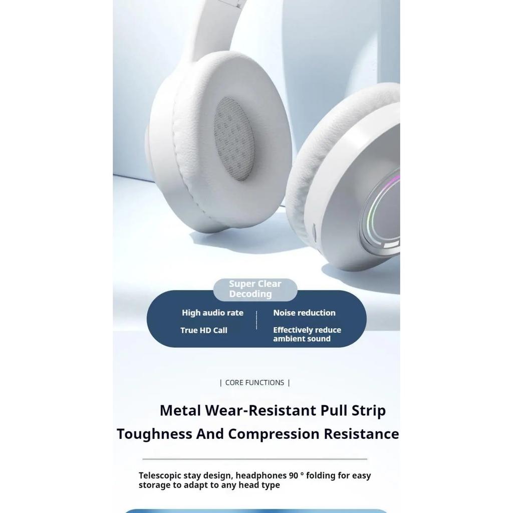 Colorful Light Wireless Bluetooth Headphones Over Ear HIFI Stereo Headsets Sports Gameing Earphones TF/AUX Music Player HD Mic