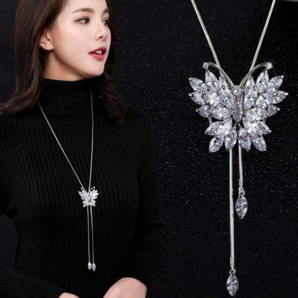 2024 New Fashion Opal Crystal Butterfly Wings Long Necklaces  Pendants For Women Simple Trendy Jewelry Sweater Chain