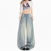 Bamboo pattern retro splicing jeans women's autumn washed old loose casual wide-leg pants