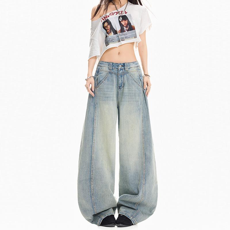 Bamboo pattern retro splicing jeans women's autumn washed old loose casual wide-leg pants
