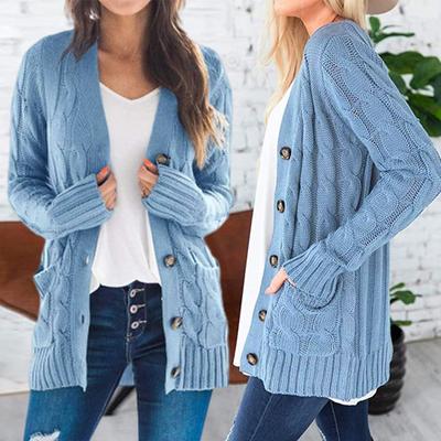 Женская куртка-свитер с длинным рукавом, на пуговицах, вязаное зимнее пальто с карманом, однотонный свободный свитер
