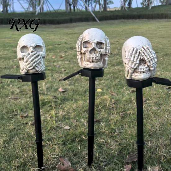 Automatic Dusk to Dawn Lighting Garden Skull Solar Light, See Hear Speak No Evil Spooky Gothic Decor for Haunted House Waterproof LED Light with Stake