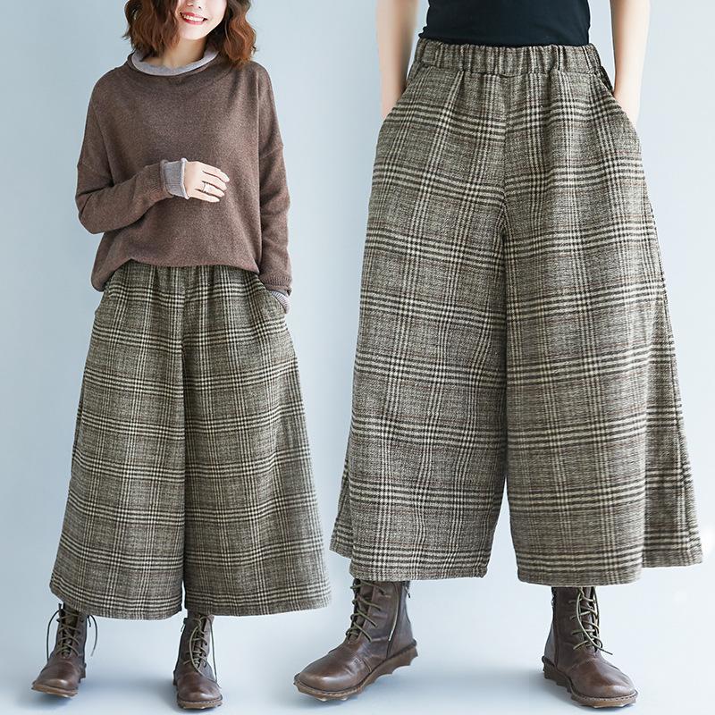 Wide Leg Loose Plaid Women Pants Elastic Waist Calf-Length 2024 New Casual Office Lady Women Pants