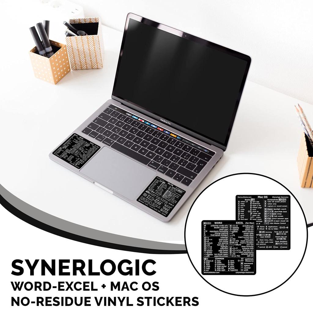 SYNERLOGIC Mac OS Quick Reference Keyboard Shortcut Stickers for MacBook 1 (M/Intel) + Word/Excel (for Mac) - Air/Pro/iMac/Mac/Mini (Black, Set)