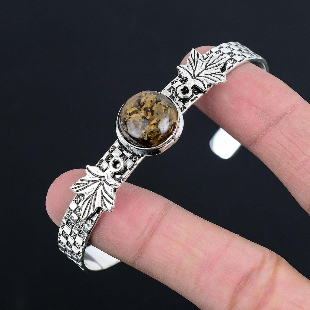 Sterling Silver Round Bronzite Stone Daughter Artisan Ethnic Leaf Elegant Bangle