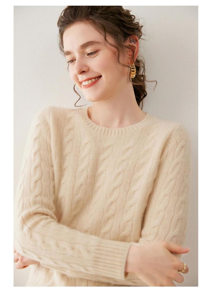 Women's Red 35% Cashmere Cable Knit Round Neck Sweater, Thickened Loose Fit for Autumn/Winter
