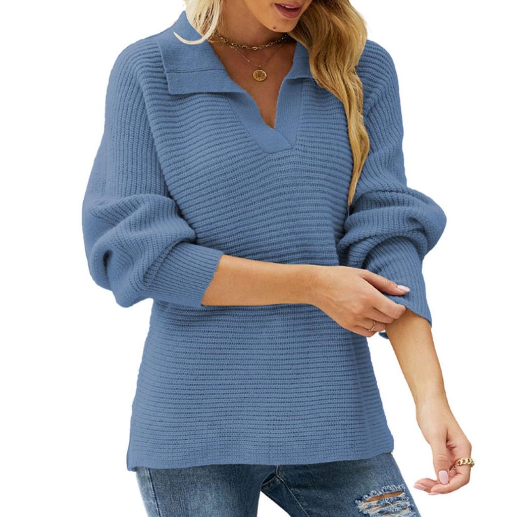 Women's Fashionable Round Neck Solid Color Knitted Sweater Pullover Sweater Long Sleeved Top