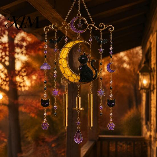Bat Moon Themed Decor Halloween Stained Glass Style Wind Chime, Acrylic Suncatcher Hanging Ornament with Ghost Black Cat Raven Witch Festive