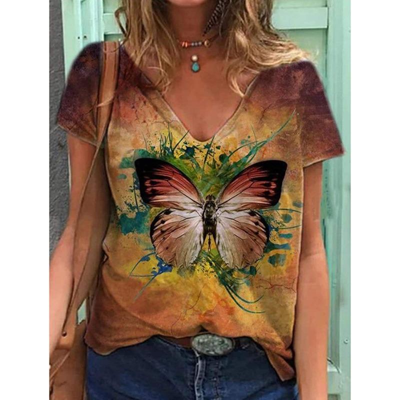 Summer Butterfly Dragonfly 3dV Neck Printed New Women's Top T-shirt