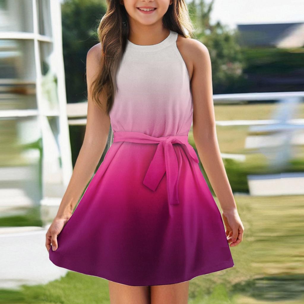 Летнее платье для девочек Платье без рукавов на бретельках Однотонное платье без рукавов с принтом Повседневное платье