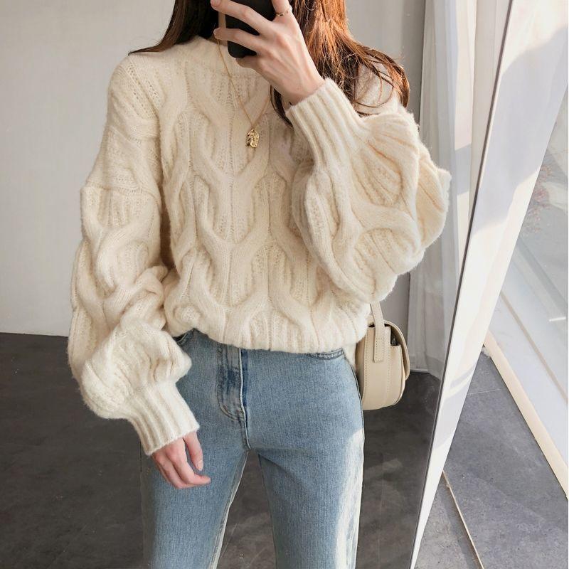 Lantern Sleeves Round Neck Twist Sweater Female Daily Casual Autumn and Winter Korean Version of Loose Thickened Twist Pullover Knitted Sweaters