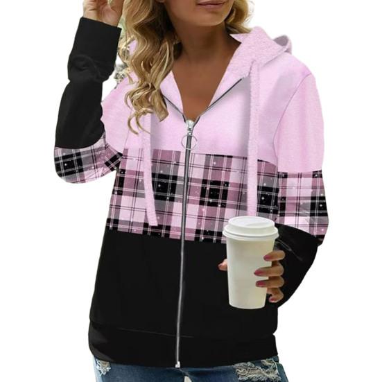 Осенние женские толстовки с капюшоном, модная куртка-кардиган с клетчатым узором на молнии и планкой, обычная посадка с длинными рукавами, повседневное пальто с капюшоном, весенне-осенняя женская одежда