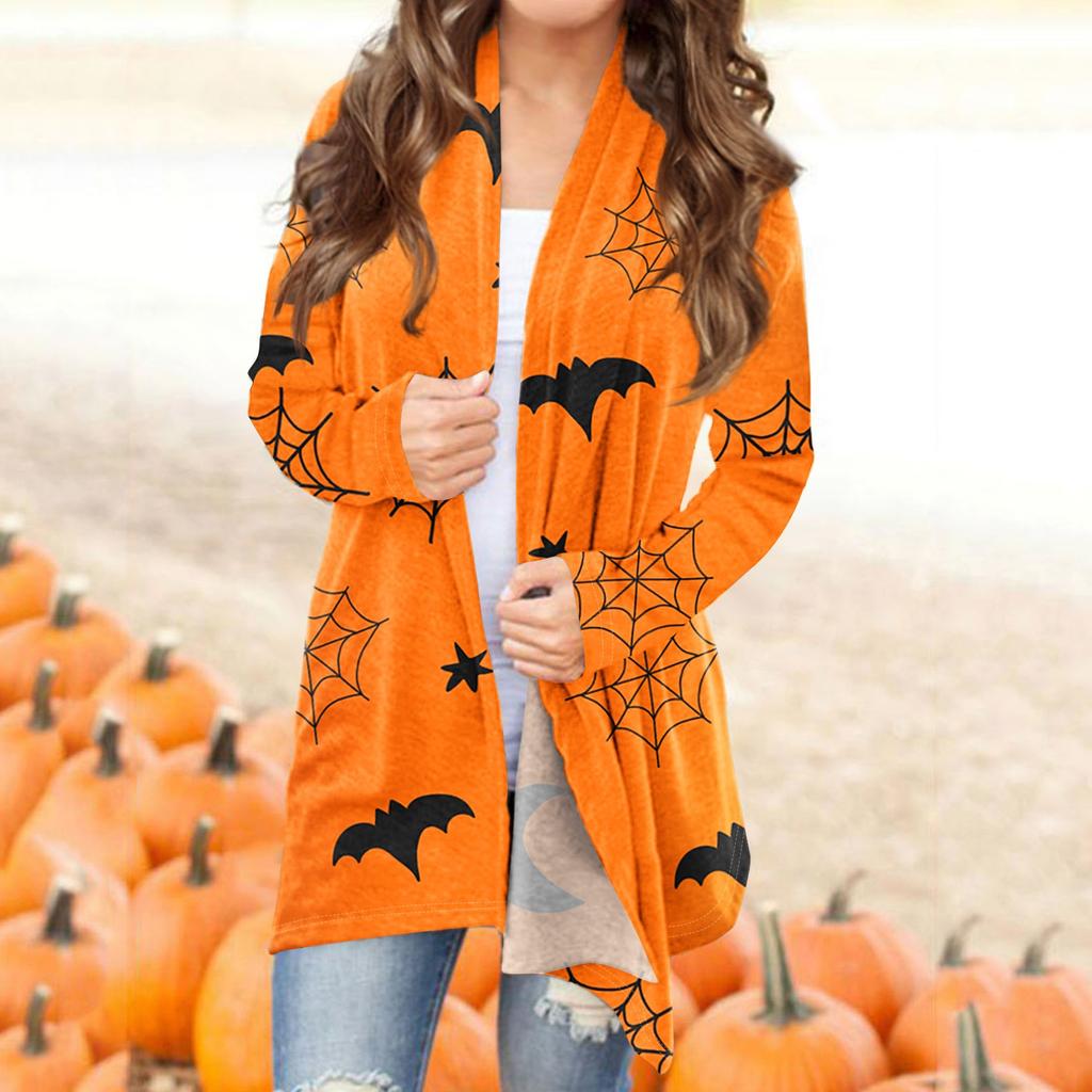 Женский модный повседневный кардиган средней длины с принтом на Хэллоуин, куртка, пальто