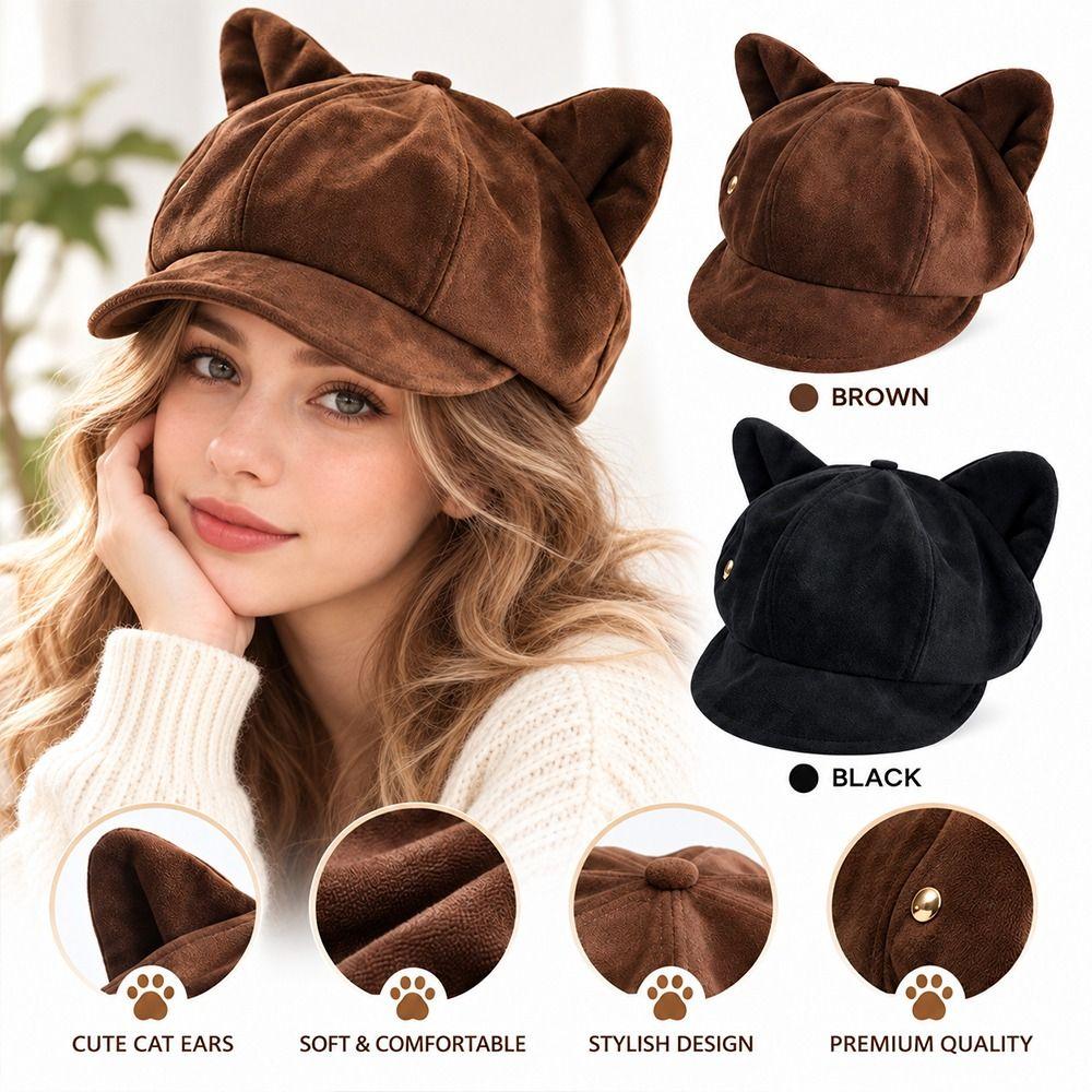 Solid Color Cat Ears Hat Soft Fabric Octagonal Hat Vintage Peaked Cap Autumn Winter