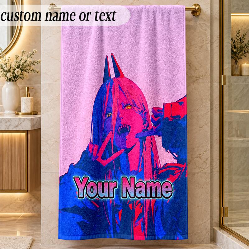 Beach TowelChainsaw Man Custom Name Text Personalized Soft Towel for Beach Pool Indoor Home Decor Gift