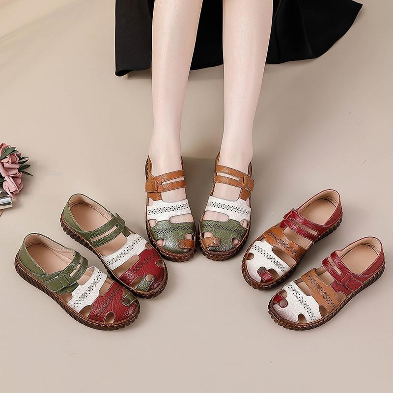 Новые сандалии из натуральной кожи с перфорацией, женские летние туфли на липучке, женские удобные сандалии на мягкой подошве, женские балетки, нескользящая обувь для мам