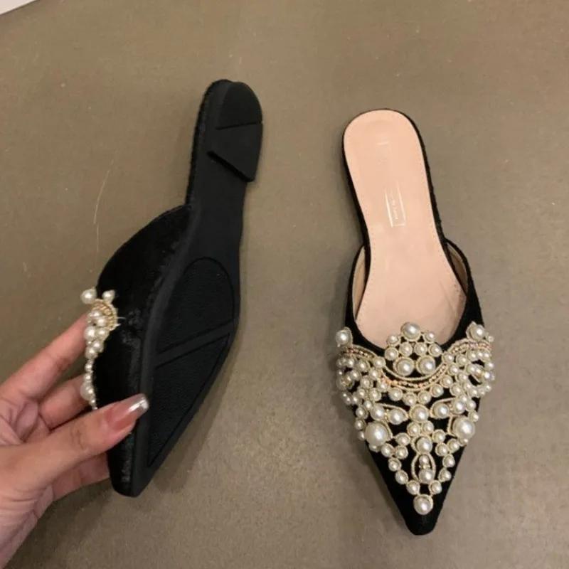 2024 Горячая Распродажа Летняя Женская Обувь Модные Баотоу Однотонные Женские Тапочки Острый Носок Украшенные Жемчугом Женские Тапочки