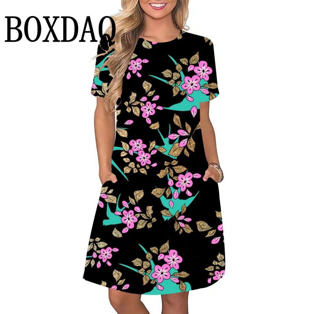 Летнее платье с принтом синих роз для женщин, элегантное платье с короткими рукавами и круглым вырезом для пляжной вечеринки, свободная и повседневная женская одежда