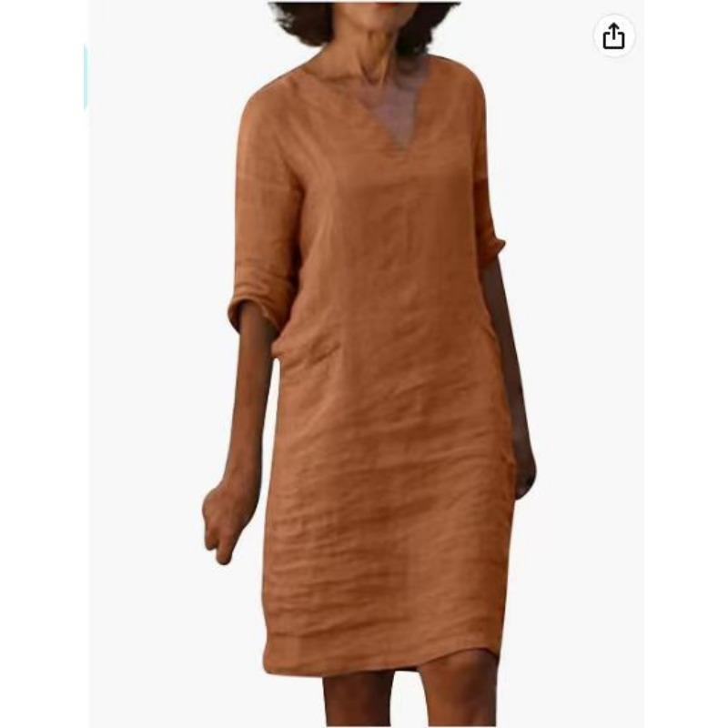 Летнее повседневное платье из хлопка и льна с v-образным вырезом, женское элегантное платье больших размеров с коротким рукавом, женское модное однотонное свободное платье трапециевидной формы, женское 1033