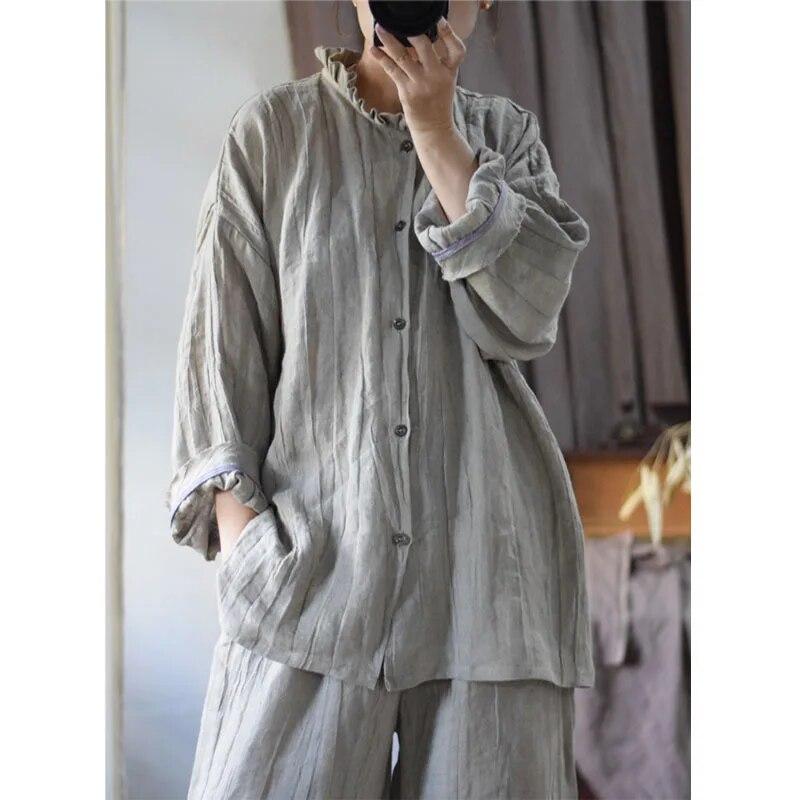 Johnature Льняная рубашка в стиле ретро, нерегулярная винтажная рубашка, осенняя женская повседневная однобортная рубашка с длинными рукавами