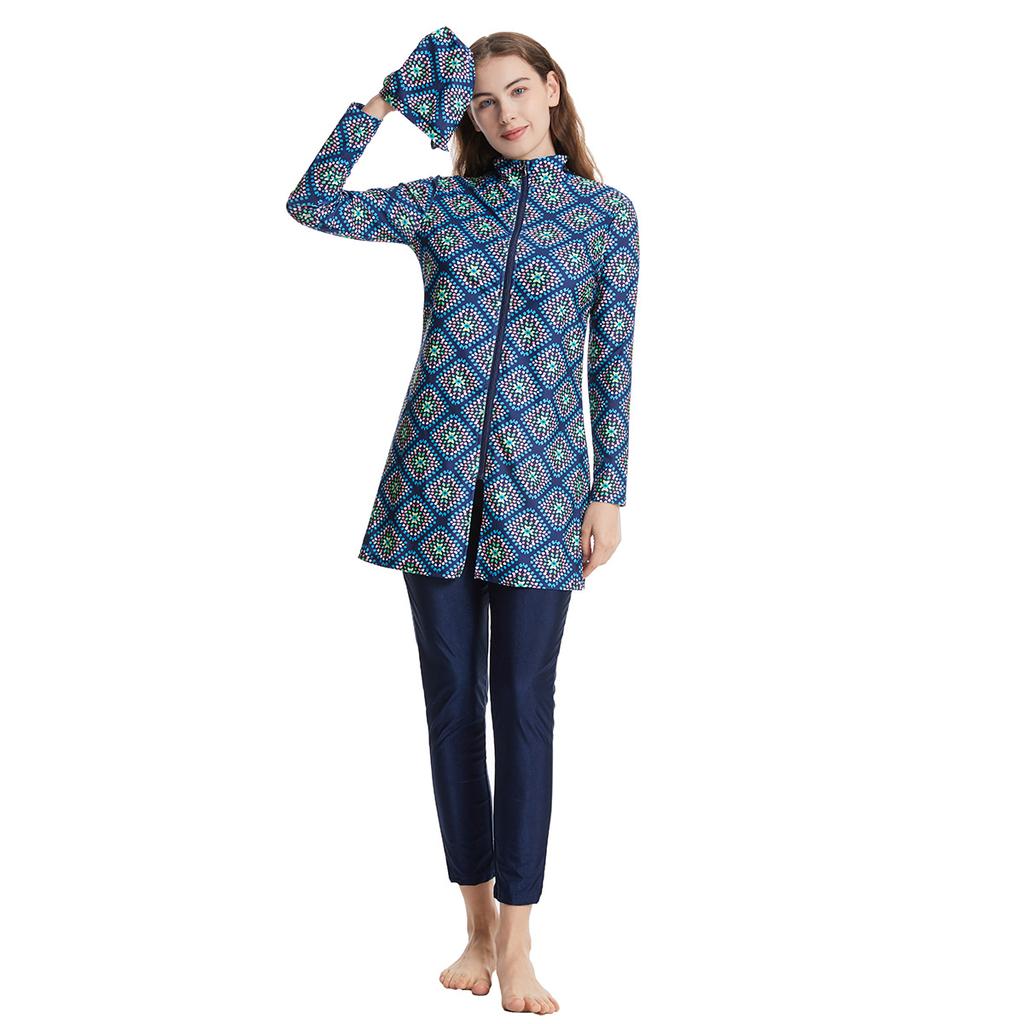 S-3XL женский мусульманский купальник с длинным рукавом, купальный костюм с кепкой и принтом, купальник с полным покрытием, купальный костюм из 3 предметов, защита от солнца