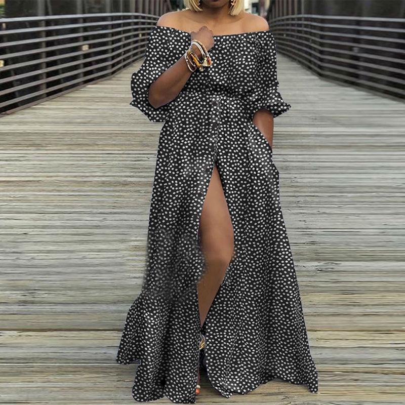 Womens Fashion Off The Shoulder Elegant Long Dress Halff Lantern Sleeve Buttons Slit Party Casual Maxi Dresses