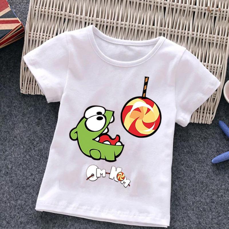 Om Nom для маленьких мальчиков и девочек, футболка с рисунком игры Cut The Rope, детский топ с забавными лягушками и короткими рукавами, футболки с круглым вырезом, детская футболка в стиле Харадзюку
