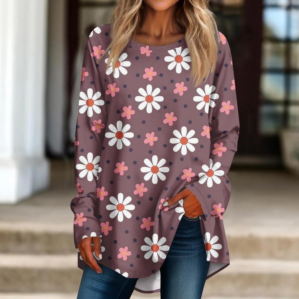 Женская повседневная футболка больших размеров с длинными рукавами и круглым принтом, верхний пуловер