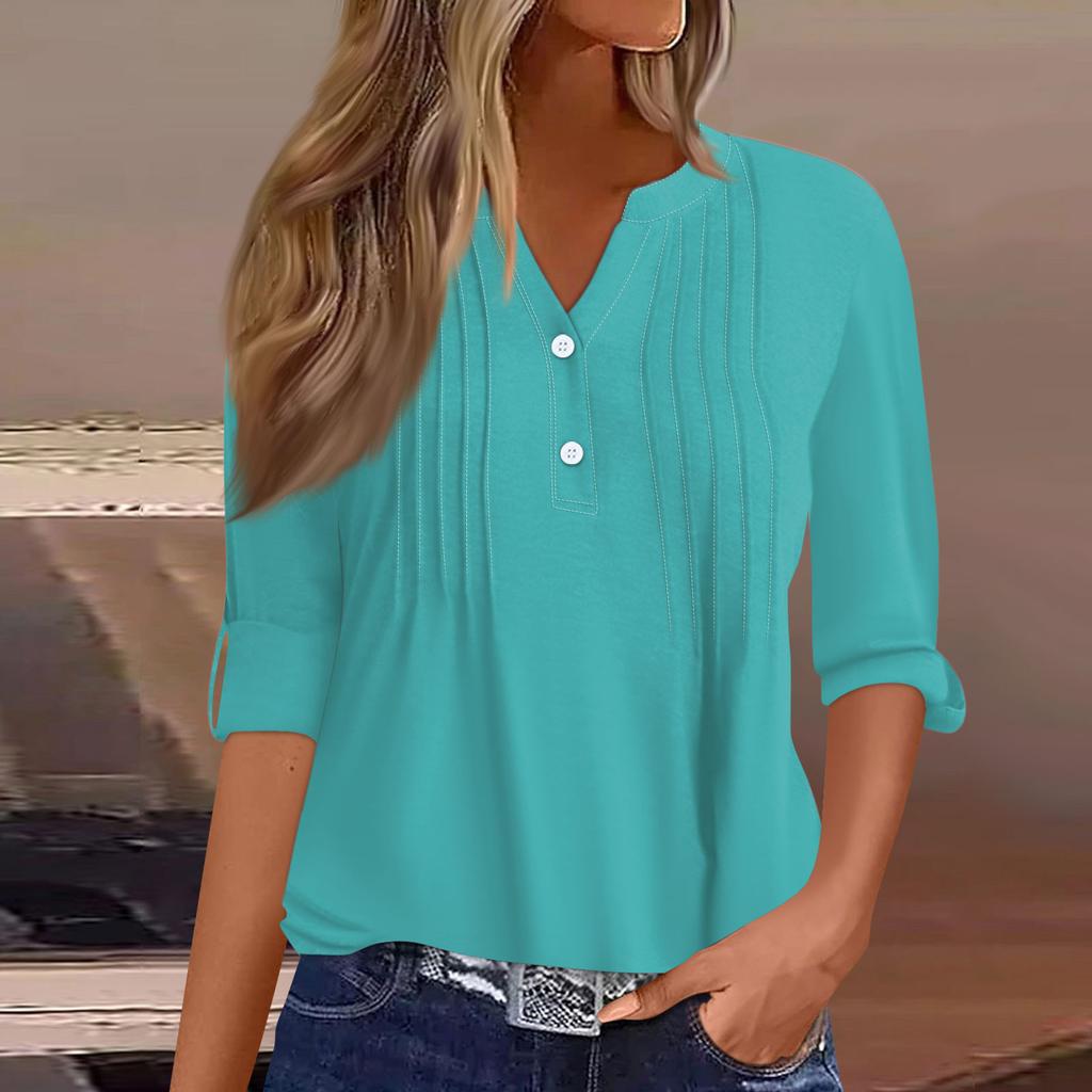 Women's Fashion Casual Solid Colour V-Neck Long Sleeve Button Down T-Shirt Top