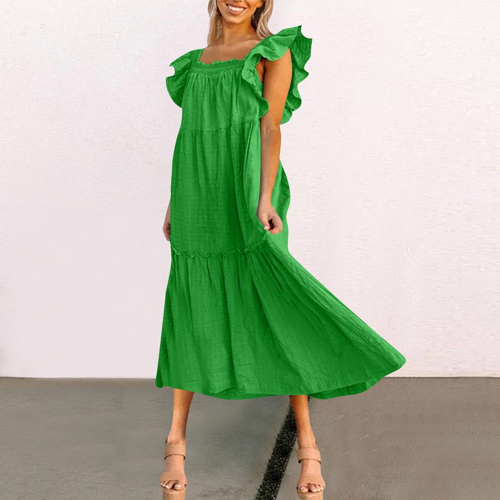 Женское весенне-летнее платье с квадратным вырезом и открытыми плечами, элегантное платье с юбкой с рюшами