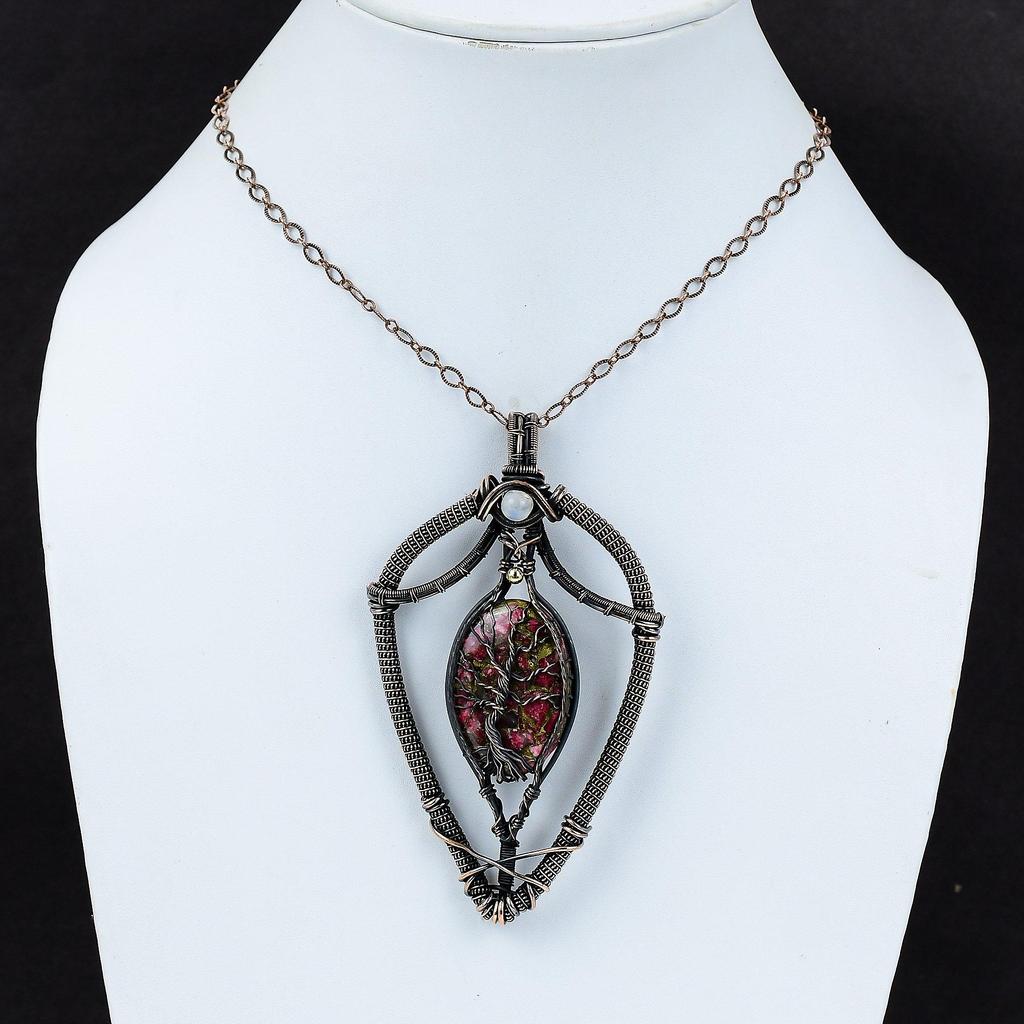 Древо жизни Медный кулон Тулит Медная проволока Обернутая радужным лунным камнем подвеска ручной работы Медная проволока Драгоценный камень ювелирные изделия Подарок для мамы