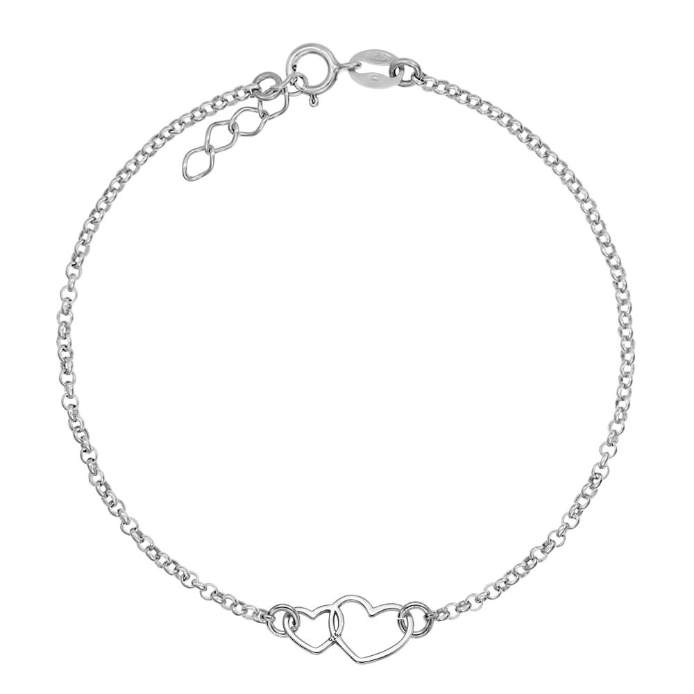 Double Heart Charm 925 Sterling Silver Rhodium Plated Bracelet for Women, Simple Fashion Jewelry, Valentine's Day Gift