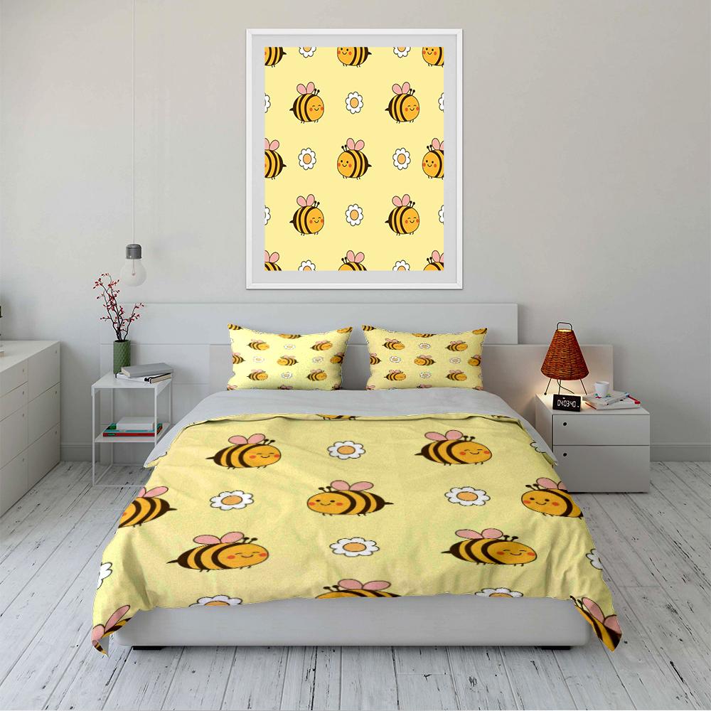 Cute Cartoon Bee and Daisy Bedding Set Bedding set (1 duvet cover, 2 pillowcases, duvet not included)