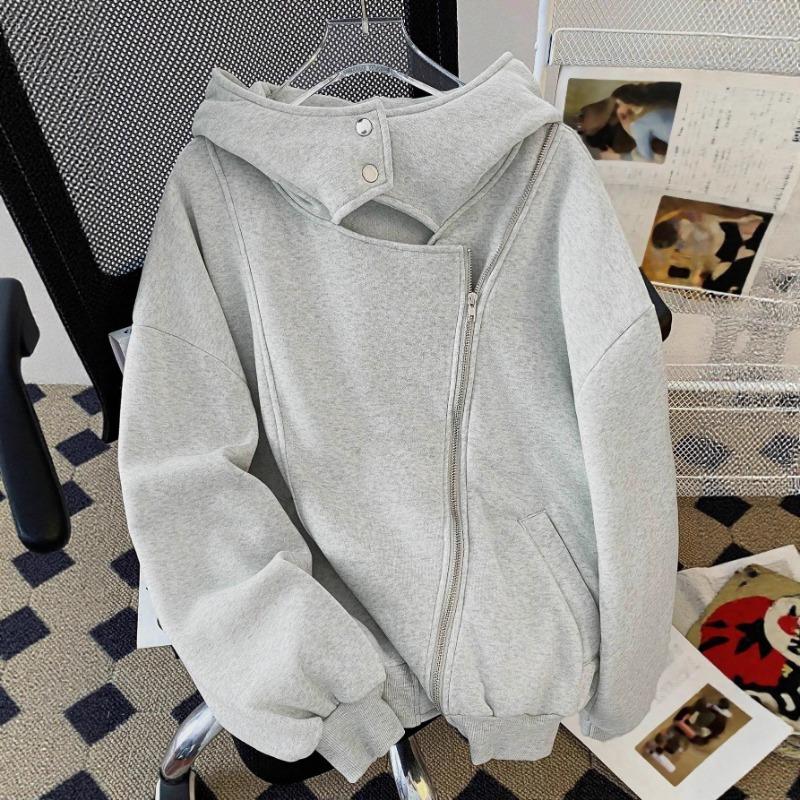 New High Street American Design Irregular Double Zipper Sweatshirt for Women Spring and Autumn Hooded Cardigan Jacket
