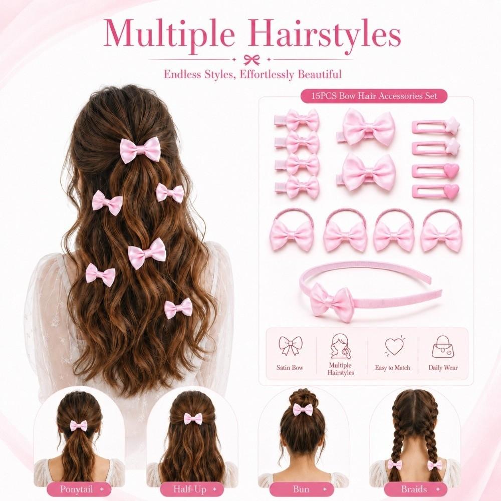 15Pcs/Set Colorful Bow Hair Accessories Set Satin Bow Hair Ties New Bow Headband Girls Gifts