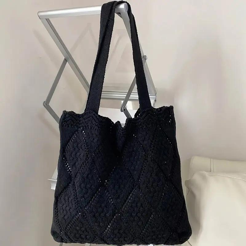 Yogodlns Minimalist Knit Shoulder Bag Boho Crochet Handbag Vintage Lace Hollow-Out Purse for Women Casual Crossbody Underarm Bag