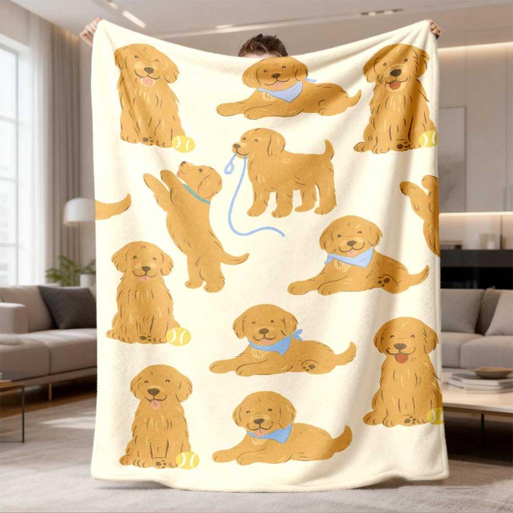 2026 New Arrival Flannel Blanket Cozy Golden Retriever Puppy Plush Blanket Soft Polyester, Suitable for Sofa, Bed, and Car Playful Dog Pattern with Bl