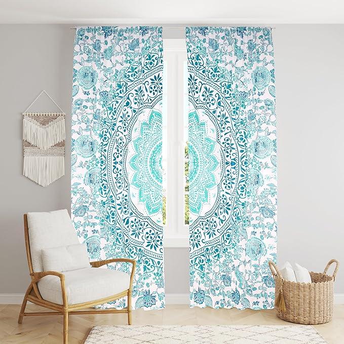 BLESS INTERNATIONAL Beautiful Indian Bohemian Psychedelic Hippie Ombre Window Curtain Panels for Bedroom, Living, Balcony (Green Passion Omra)
