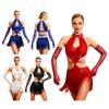 Women Latin Dance Fringed Dress Cutout Sleeveless Strappy Waist Tassel Hem Sequined Dress with Long Gloves