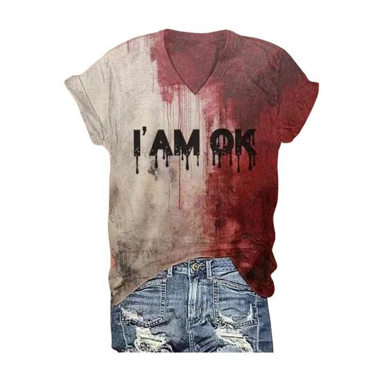 Хэллоуин Кровавая футболка Цифровая печать Пятна крови Текст Футболка Женские топы с V-образным вырезом Повседневная одежда Смешная одежда ужасов