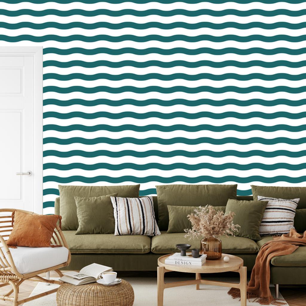 Wallpaper Stripes Turquoise and White, Soft Forms for Living Room and Bedroom 50x1000