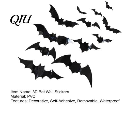 Bright Color Pumpkin Decal 12Pcs Bats Wall Decals, Halloween 3D Bat Stickers for Home Decor, Three-dimensional Decor 4 Size Waterproof Black