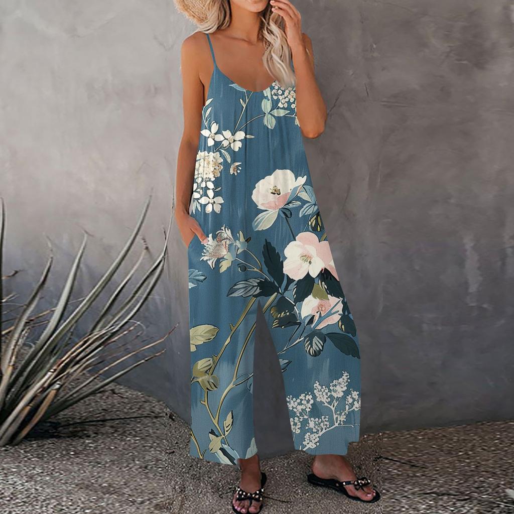 Женский комбинезон с цветочным принтом, повседневный свободный комбинезон с регулируемыми подтяжками
