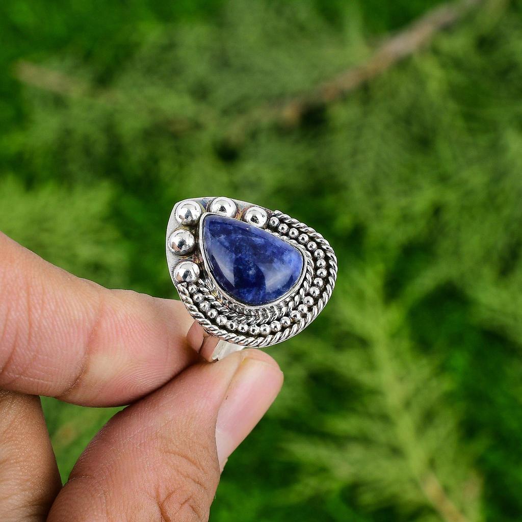 Sterling Silver Pear Natural Lapis Lazuli Bezel Solitaire Daughter Ring Jewelry