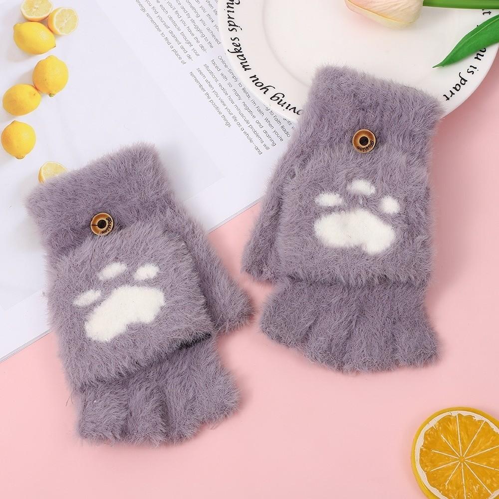 Soft Cat Paw Gloves Thicken Warm Plush Mittens Cartoon Style Half Finger Gloves Adults