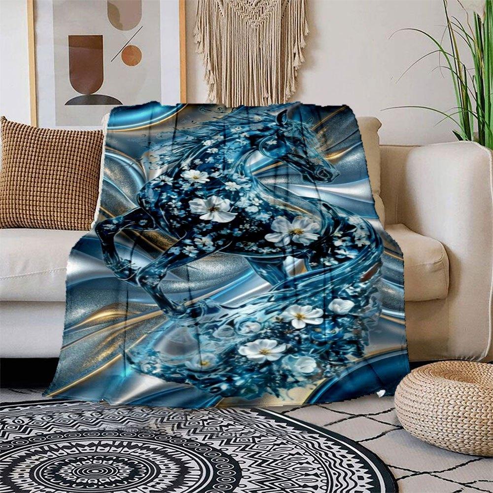 Blue Floral Horse Wall Art Decor - Modern Abstract Animal Painting for Living Room Bedroom OfficeBlanket Flannel Throw Blanket for Sofa, Bed