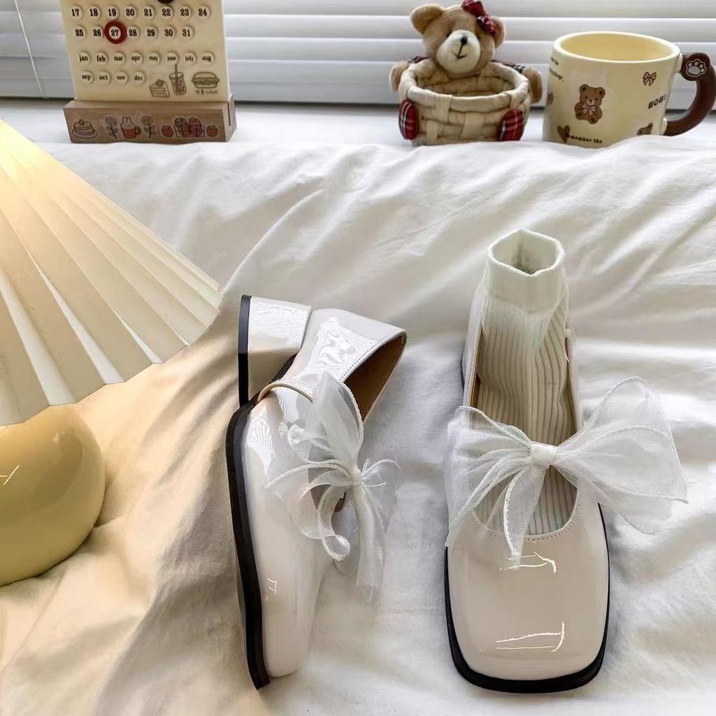 French Shallow Mouth Mary Jane Single Shoes 2025 Spring and Autumn New Bow High Heel Square Head Leather Shoes with Skirt Versatile Foreign Style