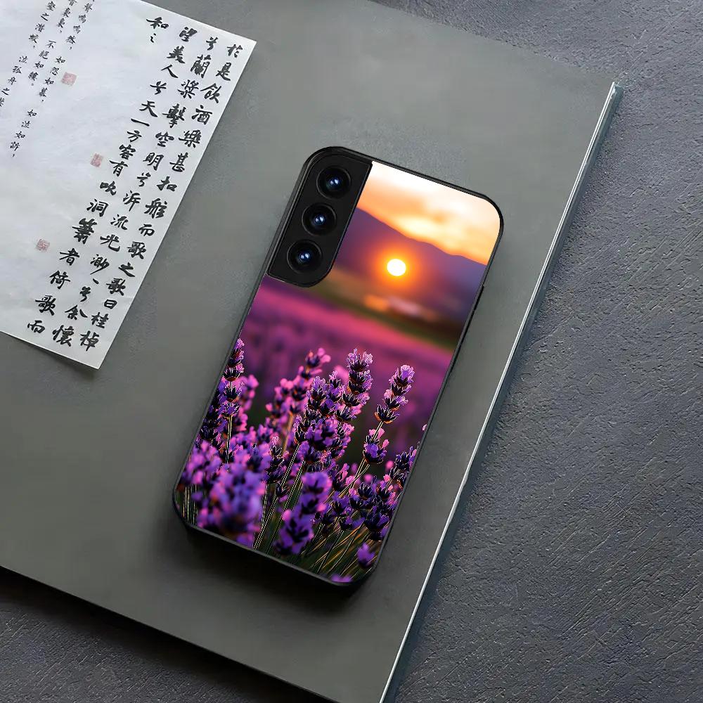 Чехол для телефона с фиолетовыми цветами лаванды для Samsung S24, S25 22,30,Note20,Ultra,Lite,Ultra5G,Plus,FE Черный чехол