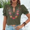 Женская летняя блузка с короткими рукавами, V-образным вырезом, вышивкой, повседневная, пуловер, рубашка, топ с оборками